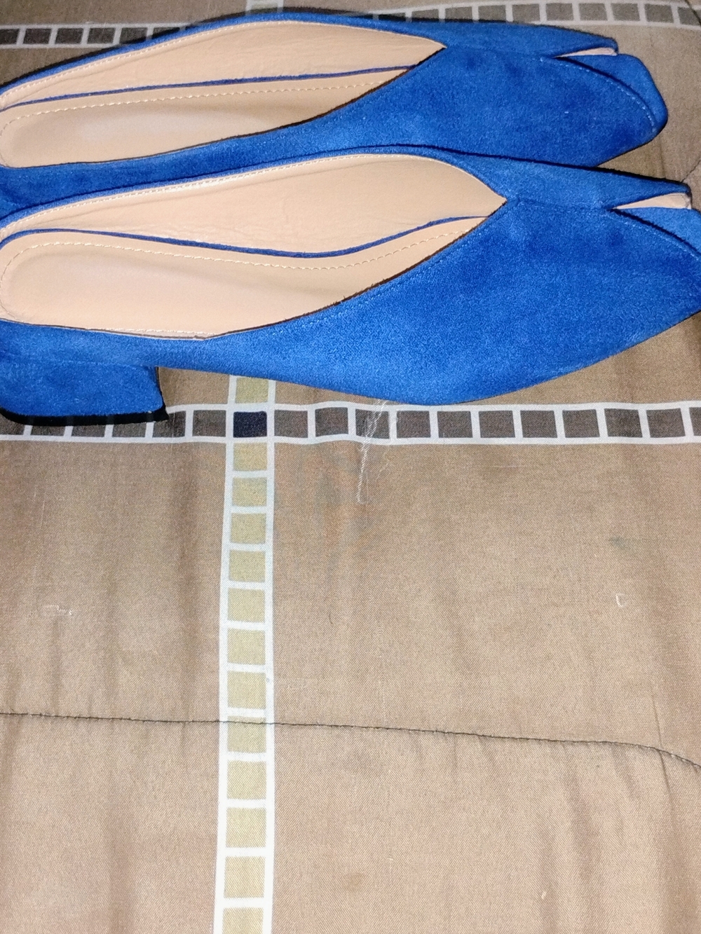 Blue Suede Pointed-Toe Low Block Heel Flats